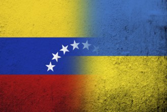 The Bolivarian Republic of Venezuela National flag with National flag of Ukraine. Grunge background