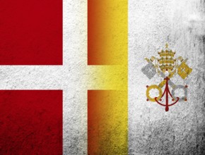 The Kingdom of Denmark National flag with National flag of Vatican City. Grunge Background