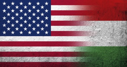 United States of America (USA) national flag with National flag of Hungary. Grunge background