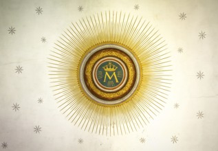Monogram of the Blessed Virgin Mary, with crown, sun and stars on the background