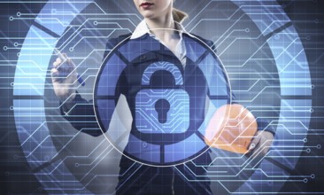 Computer security and information technology. Virtual padlock blue hologram and business woman with
