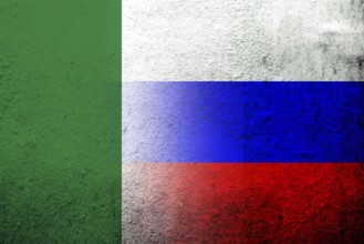 National flag of Russian Federation with Republic of Nigeria National flag. Grunge background