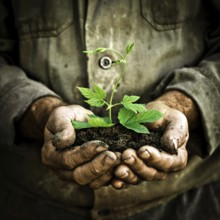 Old man hands holding a green young plant. Symbol of spring and ecology concept