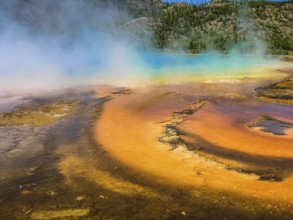 Closeup of colorful Grand Prismatic Spring located in the Midway Geyser Basin, is the largest