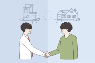 Happy men handshake make deal change houses. Smiling males shake hands make agreement sell and buy