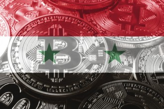 Syria bitcoin flag, national flag cryptocurrency concept black background