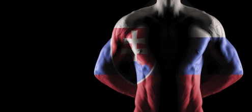 Slovakia flag on muscled male torso with abs, black background