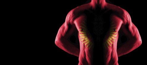 Kyrgyzstan flag on muscled male torso with abs, black background