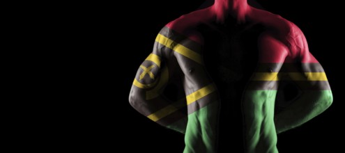 Vanuatu flag on muscled male torso with abs, black background