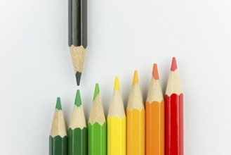 Conceptual crayons represented as successor energy label colors with black pencil that indicates