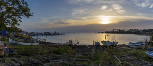 Athopol, Bulgaria, 23 October, 2022: panorama view of the boat ramps and small fishing boats in