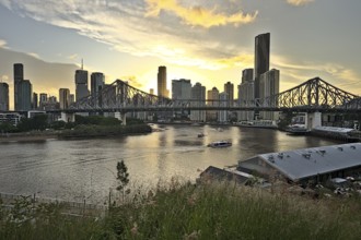The skyline of Brisbane and the Story Bridge at nighttime
