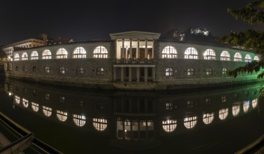 Iconic building of the central market in Ljubljana illuminated at night, Slovenia