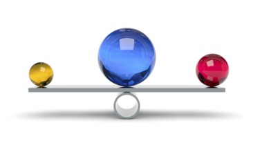 3d illustration of a blue red and yellow ball on a scale