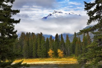 Northern wood and the river on a background snowed up mountain in clouds. More magnificent pictures