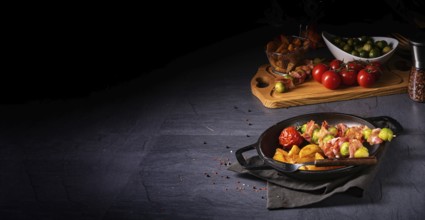 Brussels sprouts and bacon skewers with potato widgets