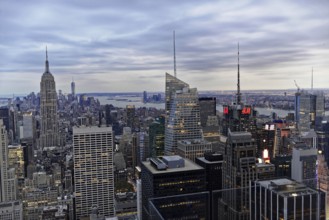Rockefeller Center observation deck, panoramic view of the dense skyline of New York City, skyline