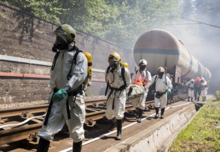 Sofia, Bulgaria - May 19, 2015: A team working with toxic acids and chemicals is saving people from
