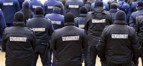 Police officers are seen from their backs. Unrecognizable policemen and policewomen. Gendarmery