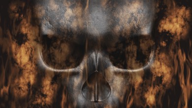 Happy Halloween. Human Skull With Smoke And Fire 3D Rendering