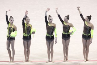 Sofia, Bulgaria - 7 May, 2017: Team Ukraine performs during Rhythmic Gymnastics World Cup Sofia