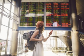 Theme travel and tranosport. Beautiful young caucasian woman in dress and backpack standing inside