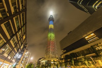 Tokyo Sky Tree of Olympic color. Shooting Location: Tokyo metropolitan area