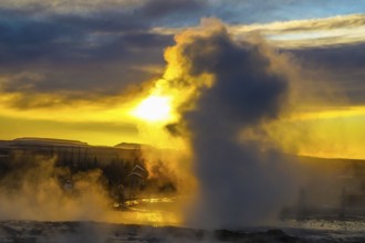 Geysir geyser and sunrise Iceland. Shooting Location: Iceland, Reykjavik
