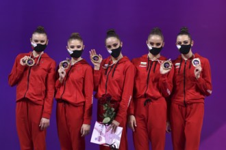 Sofia, Bulgaria - 27 March, 2021: Members of team Bulgaria pose with their gold medals on the
