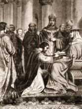 Lothair II, 835, 869, king of Lotharingia, kneeling down before Pope Adrian II