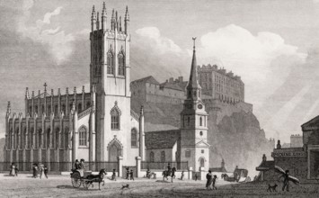 St John's Chapel, St Cuthbert's Church, and New Barracks, Edinburgh, Scotland, 19th century, from