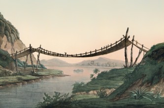 Rope bridge near Penipe, after a sketch by Humboldt from his travel writing “Vue des cordillieres“