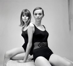 1960s swimsuit fashion. Two models are wearing the swimsuit fashion of 1966