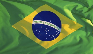 Brazil's national flag flutters in the wind in the evening light