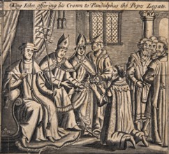 Illustrations from a 1583 edition of Foxe's Book of Martyrs, showing King John offering his crown