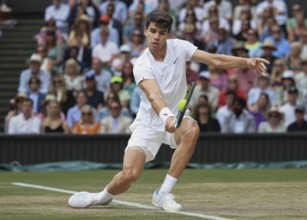 Spanish tennis player Carlos Alcaraz in action at the 2024 Wimbledon Championships, London,