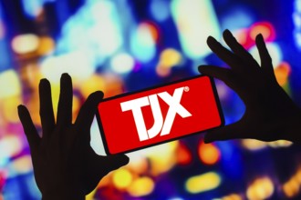 In this photo illustration, the TJX Companies logo is displayed on a smartphone screen