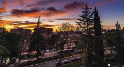 Madrid, Spain, February 15, 2020: Dramatic sunset on cityscape Global warming concept