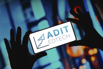 In this photo illustration, the Adit EdTech logo is displayed on a smartphone screen