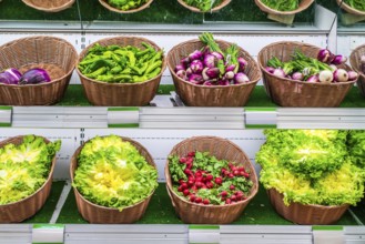 Fruits and vegetables on a supermarket shelf