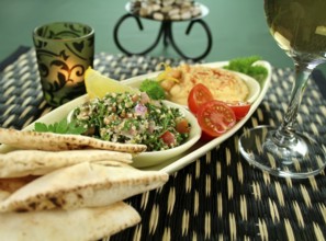 Tabbouleh with hommus and lemon chick peas with fresh pita bread