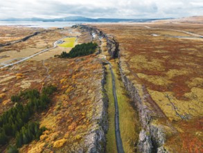Aerial view of Thingvellir National Park, famous area in Iceland right on the spot where the