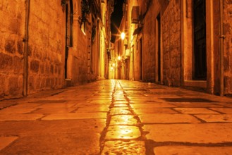 Alley in the old town centre of Dubrovnik, night shot, Dubrovnik, Dalmatia, Croatia