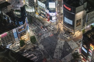 Crossroads in Shibuya in the evening from above. Numerous monitors and advertising signs illuminate