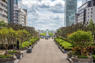 Esplanade du Charles de Gaulle in La Defense District, view East to the Arc de Triomphe, Paris,