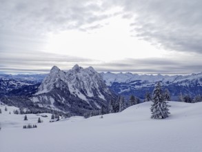 Beautiful winter landscape in central Switzerland. View towards the central Alps with the peaks of
