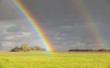 Two natural rainbow over green field after heavy rain