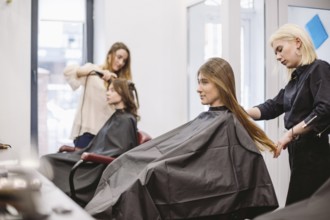 Beautiful woman combing wet hair. stylist brushing woman hair in salon. Hairdresser Serving