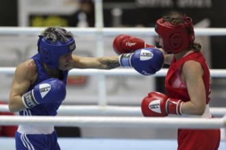 Sofia, Bulgaria - 26 February, 2021: Angelina Lukas (red) of Kazakhstan and Lacramioara Perijoc of