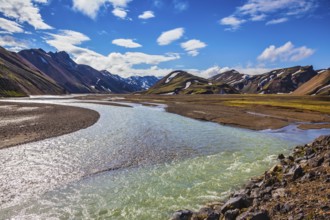 The picturesque valley in the national park Landmannalaugar, Iceland. Summer flood of meltwater